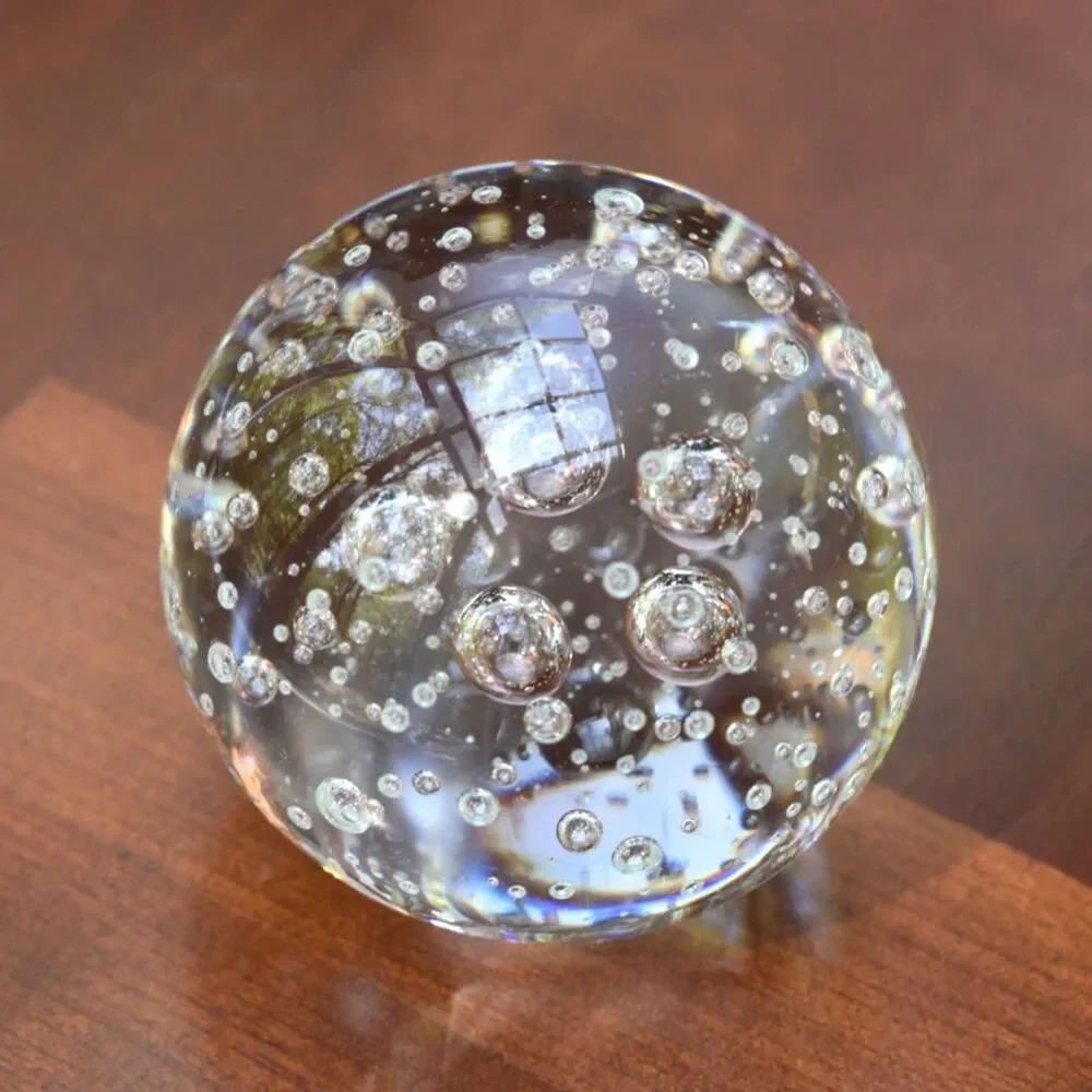 Vintage Murano Style Paperweight - Clear Art Glass Controlled-Bubbles